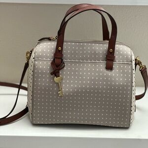 FOSSIL ORIGINAL EMMA Purse Satchel Crossbody Gray Ivory Hearts Motif Tan Trim
